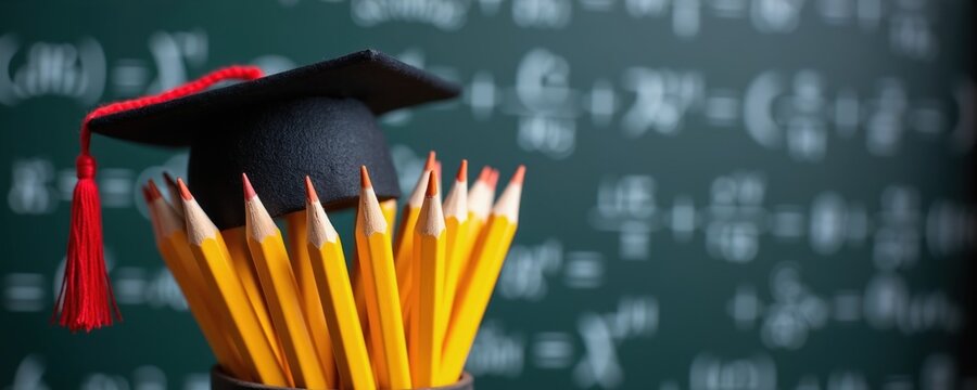 Yellow pencils and a graduation cap sit before a blackboard filled with math formulas. Academic supplies signify learning, achievement, and success in studies.