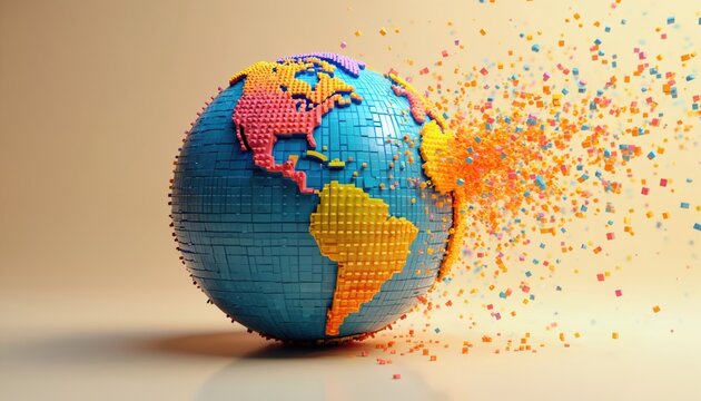Pixelated world globe breaks apart into many colorful small cubes scattering. Earth disintegrates into tiny particles floating in air. Digital abstract concept.