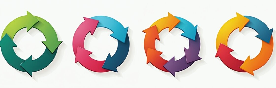Four colorful circular arrows show process flow. Cyclic graphic with arrows indicates stages, stpic, or rotation. Infographic icons used for business, strategy, or recycling themes.