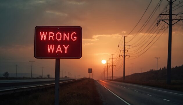 Red illuminated Wrong Way sign on highway at sunset with power lines. A cautionary symbol for incorrect direction on asphalt road. Danger ahead, mistake in navigation.