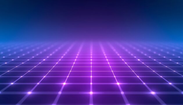 A futuristic grid pattern with neon purple and blue lights against a dark background