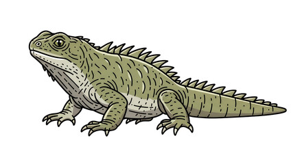 Obraz premium Tuatara Lizard Illustration - Hand Drawn Style Reptile with Green Scales and Spiky Back Isolated on White Background