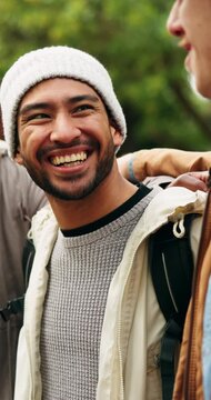 Man, laughing and hiking with friends outdoor for travel, discussion and trekking adventure. Smile, people and talk in nature for backpacking holiday, communication and gathering for weekend getaway