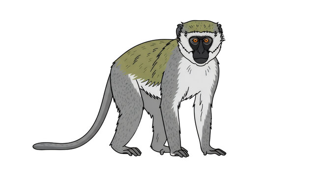 Vervet Monkey Illustration Isolated on White Background, African Grivet Primate Cartoon Drawing