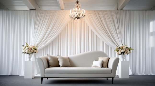 Elegant white sofa with decorative pillows, chandelier, floral arrangements, and draped curtains create luxurious wedding stage backdrop