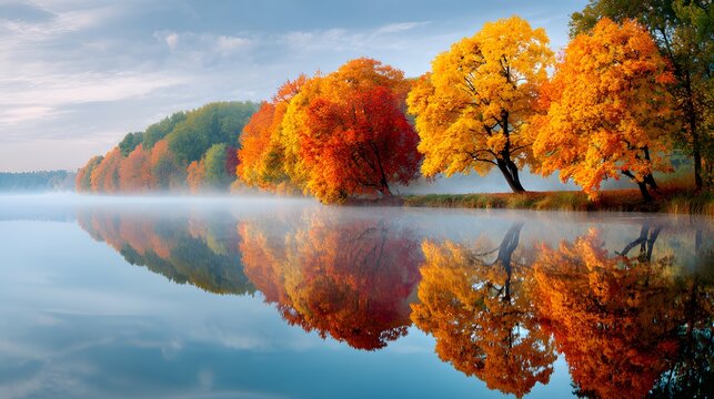 A serene lake surrounded by vibrant autumn trees reflecting their colors in the calm water under a misty morning sky.
