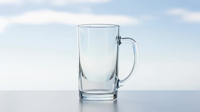 Transparent glass beer mug with handle stands against a serene blue sky background