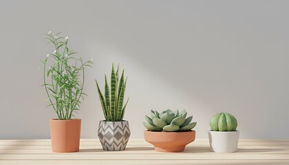 Fototapeta premium Collection of four potted houseplants on a wooden surface with houseplants collection succulent