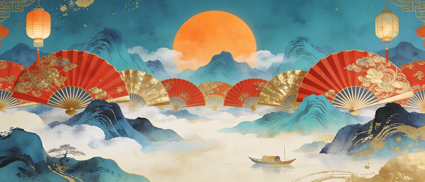 Vibrant red fans float above serene mountains and clouds at sunset