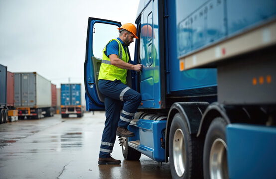 Man driver wearing hard hat, safety vest climbs into blue truck cab. Ready for road trip with cargo containers visible in background. Logistics industry professional begins work. He prepares to drive.
