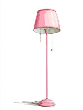 A Tall Pink Floor Lamp with a Cone Shaped Shade and Decorative Pull Chains