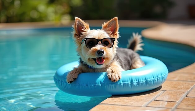 Small dog wearing sunglasses floats on blue inflatable ring in swimming pool. Adorable pet enjoys summer day in clear water. Fun canine relaxation and cool water leisure.