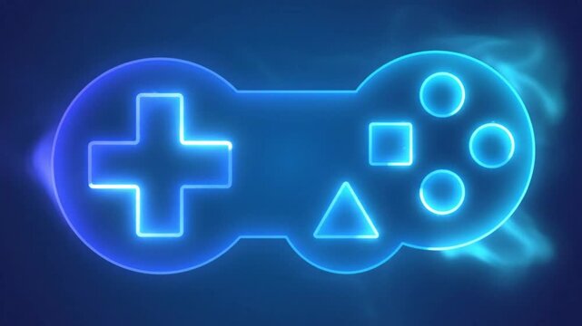 Futuristic neon glowing gamepad silhouette on a dark blue background with abstract energy effect for game design