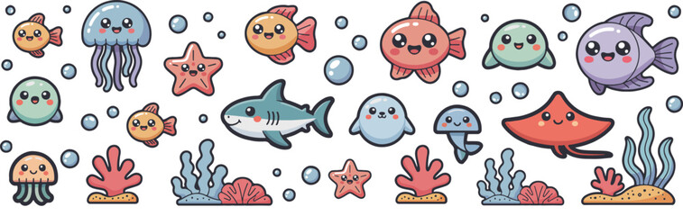 Fototapeta premium Kawaii summer beach ocean set with cute sea animals coral and bubbles isolated