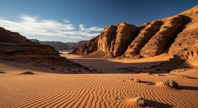 Desert landscape with sandstone formations and sand dunes
