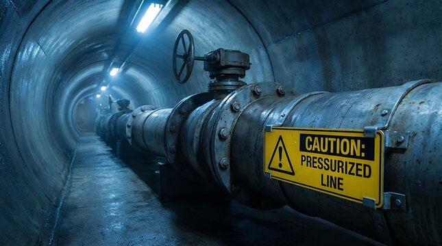 Massive industrial pipeline with a caution sign runs through a dark illuminated concrete tunnel with industrial lights pressurized valve heavy metal infrastructure engineering