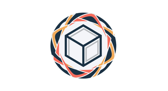 Abstract Cube Logo with Geometric Circular Frame, Modern Technology Design on Isolated White Background