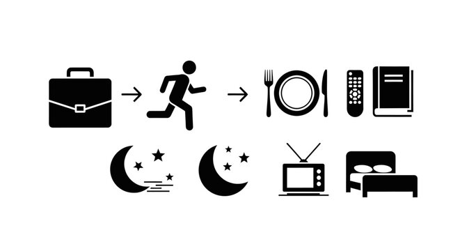 Daily Routine Icon Sequence Depicting Work, Activity, Meals, Entertainment, and Sleep on Isolated White Background