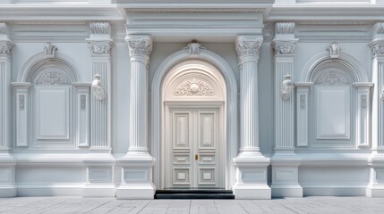 Fototapeta premium Elegant White Door Surrounded by Classic Architecture and Intricate Columns in Bright Sunny Daylight