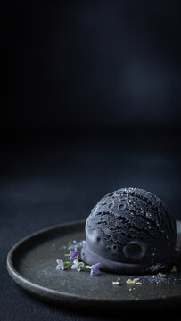 Black Sesame Ice Cream Dessert with Edible Flowers