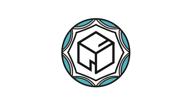 Minimalist Square Cube Outline within Circular Geometric Border on Isolated White Background