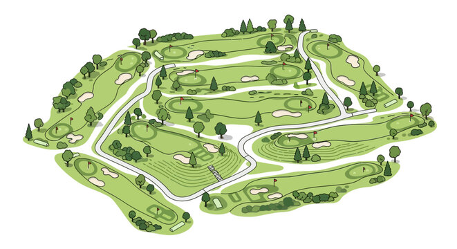 Isometric vector illustration showcasing a detailed golf course design, complete with greens, sand traps, and fairways, presented in a clean, minimalist style with a focus on artistic