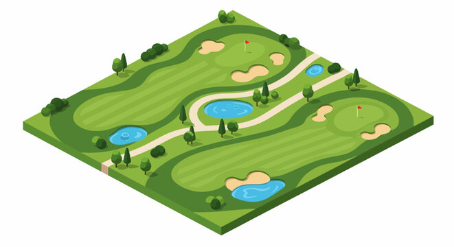Isometric vector art depicts a sprawling golf course illustration with several characters playing golf, showcasing a vibrant green landscape dotted with lakes and sand traps, all set