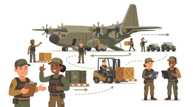Military aviation logistics and supply chain management illustration featuring soldiers loading cargo plane with forklift crates and equipment for transport industry operations