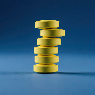 A stack of yellow pills on a blue background