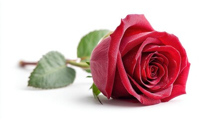 Naklejka premium Single red rose with water droplets on petals, isolated on a white background