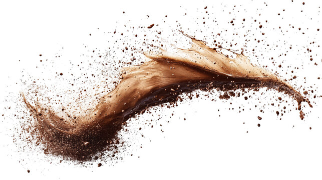 A brown liquid splash erupts, creating a dynamic, abstract shape against black