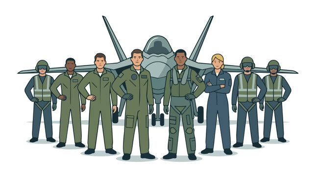 Diverse group of military pilots and ground crew standing confidently in front of a modern fighter jet aircraft, symbolizing aviation teamwork and defense industry strength