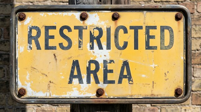 Weathered yellow rectangular metal sign with black lettering that reads RESTRICTED AREA is affixed to a wooden post and brick wall warning no entry forbidden access prohibited