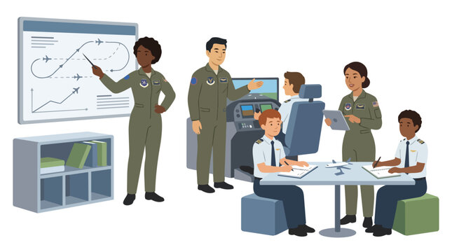 Diverse group of pilots and instructors in a flight training simulation room with a flight path presentation and cockpit controls, military aviation industry concept