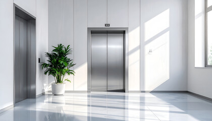 Fototapeta premium Modern Elevator Lobby with Natural Light and Plant.