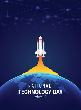 National Technology Day featuring rocket launch innovation future progress vector poster