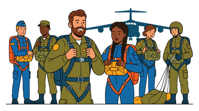 Diverse group of military paratroopers and pilots wearing flight suits and parachute gear standing in front of a large transport aircraft for aviation industry operations