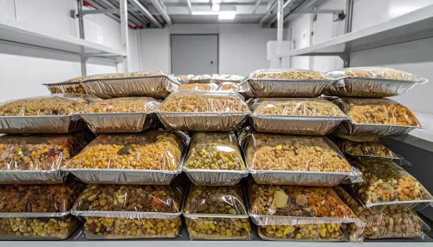 Rows of sealed foil food ration packs stacked on warehouse shelves for emergency supply storage and humanitarian aid preparation in a clean industrial facility environment.