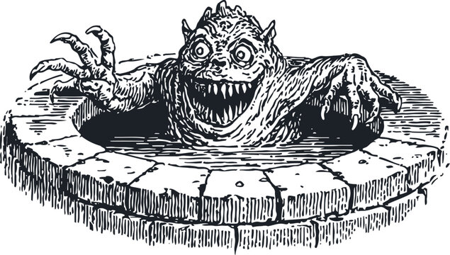 Vintage illustration of a monstrous creature emerging from a round stone well with clawed hands and sharp teeth