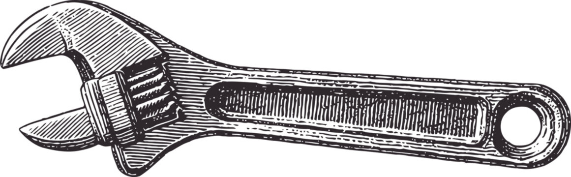 vintage adjustable wrench illustration hand drawn spanner tool with textured shading, mechanical equipment design