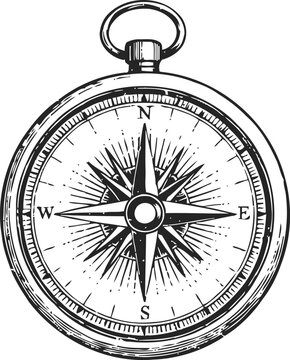 Vintage compass rose illustration with north south east west directions in classic engraved