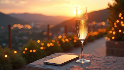 Obraz premium Glass of champagne sits on stone table next to phone. Warm sunset lights illuminate background hills and blurred city lights. Evening relaxation on terrace.