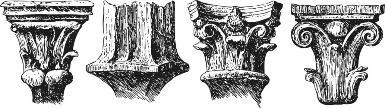 four classical architectural column capitals in vintage engraved