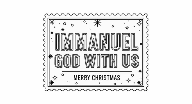 A black and white line drawing of a stamp with holiday text