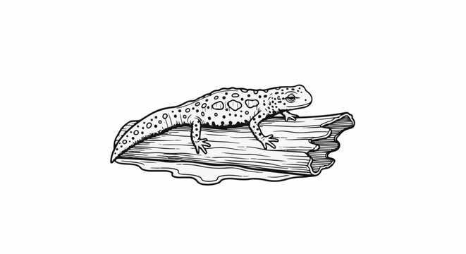 A black and white sketch of a spotted amphibian resting on a piece of wood