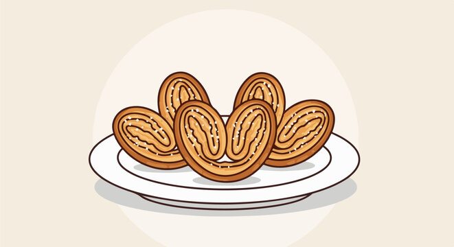 A plate of five illustrated elephant ear cookies, sprinkled with white sugar crystals