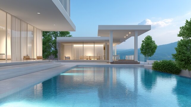Modern luxury villa with infinity pool and panoramic views of serene mountains at dusk