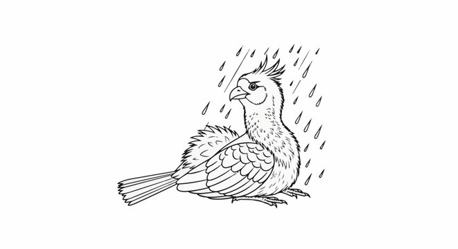 A bird with a crested head sits in the rain, appearing displeased