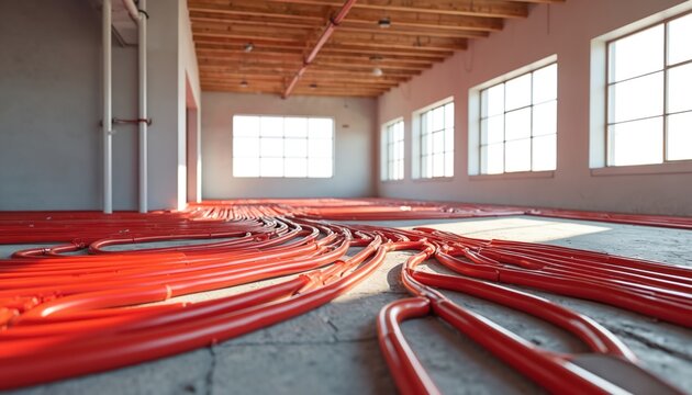 Bright interior underfloor heating system installation with many red pipes laid out on concrete floor. Modern construction site shows neat plumbing network ready for concrete pour.