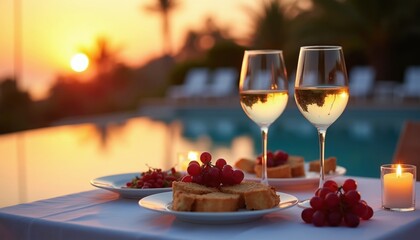 Naklejka premium Table with wine, dessert set poolside at sunset. Two wine glasses filled with white wine, plates with food, grapes on white tablecloth near lit candle. Background shows swimming pool, lounge chairs.